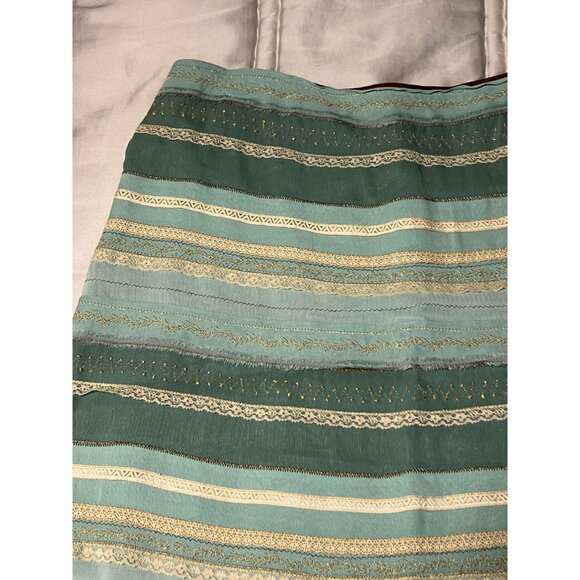 Odille Green & Cream Lace Ribbon Stripe Ruffle Skirt Anthropologie Gold Viscose - Picture 14 of 15